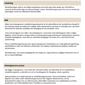 rehabiliteringspolicy, policy vid rehabilitering av sjuka eller skadade medarbetare