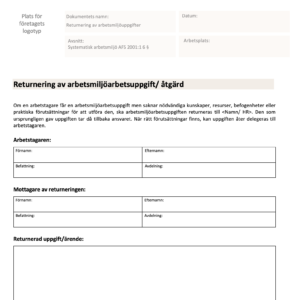 returnering av arbetsmiljöuppgifter, systematiskt arbetsmiljöarbete, afs 2001:1